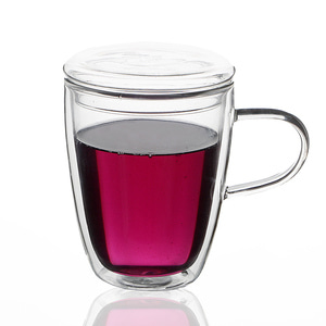 [로하티] 뚜껑 유리컵 300ml 이중유리 머그컵 찻잔